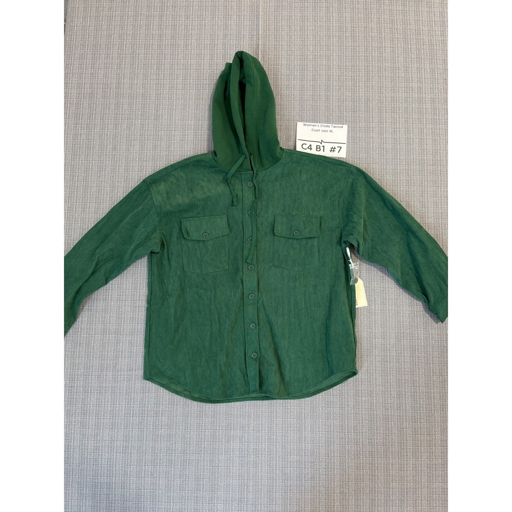 Stella Tweed Corduroy Hoodie Womens XL Green Button Front Casual Winter Wear